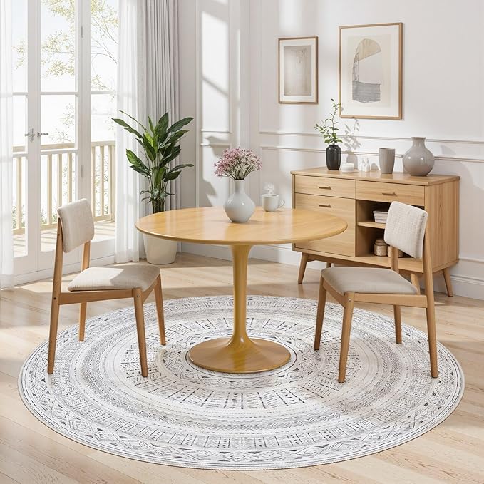 cotiled 5x5 Round Area Rug Living Room: Washable Boho Rugs with Non Slip Backing Large Soft Indoor Stain Resistant Carpet for Bedroom Farmhouse Dining Room Lightweight Home Decor Dark Grey