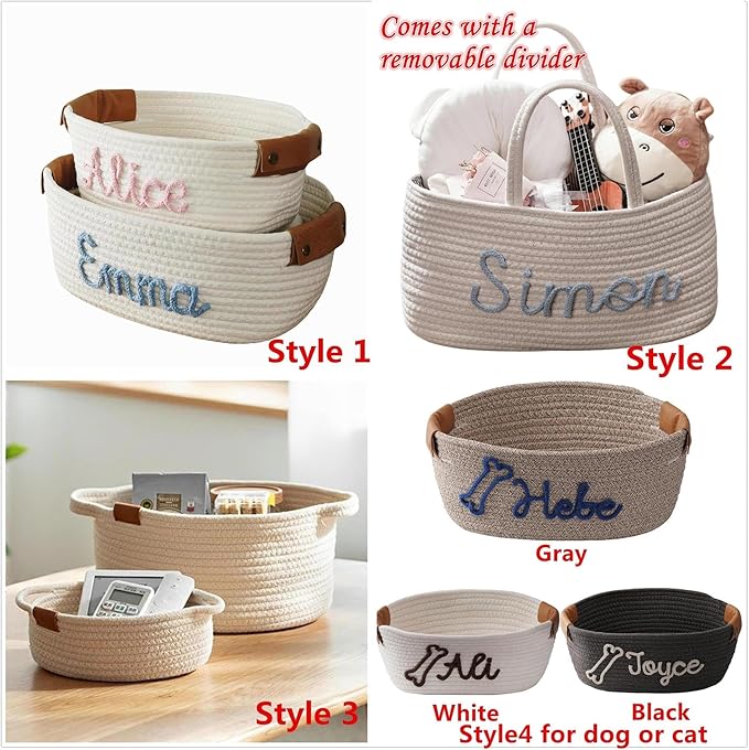JUPPE Custom Baby Shower Basket, Personzlized Basket with Baby Name, Baby Boy Girl Storage Organizer Cotton Rope Nursery Decor Newborn Gift (style 1) (Style 2)