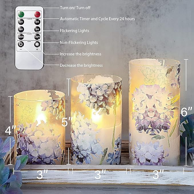 Blue Violet Hydrangea Flameless Candles LED Flicker with Remote DIM Love Theme Summer Spring Decorative Glass Decor Wedding Date Proposal Dinner Table Home Gift for Lover