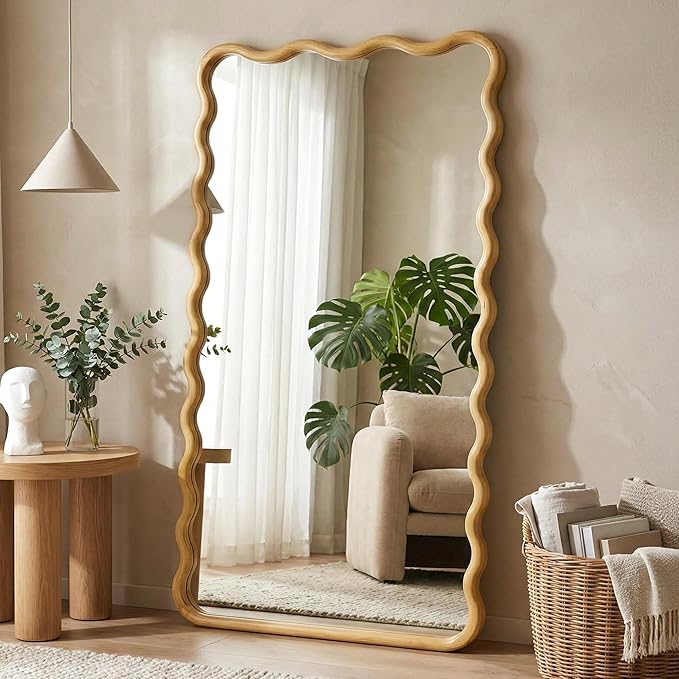 TRAHOME Wavy Mirror for Wall, 55"x28" Boho Wavy Wood Mirror Large Full Length Decorative Mirror with Tempered Glass, Natural Wooden Frame Vanity Mirror for Bedroom, Living Room, Entryway