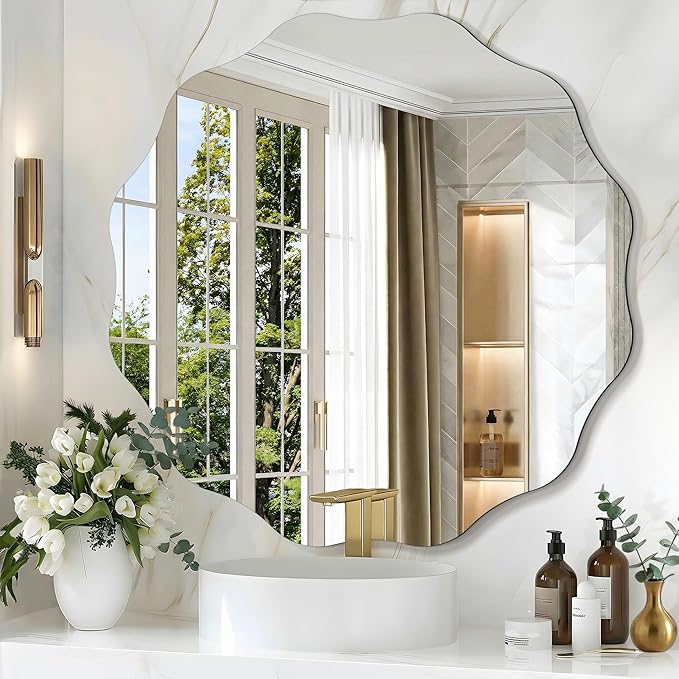 CILIBER Frameless Wavy Round Mirror, 30'' Scalloped Circle Wall Mirror, 3mm Tempered Glass Decorative Bathroom Vanity Mirror, Mounting/Leaning for Mantel, Living Room, Bedroom and Entryway
