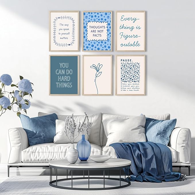 Mental Health Wall Decor Therapy Office Canvas Wall Art Posters Blue Boho Motivational Picture Psychology Artwork Inspirational Positive Quotes Prints for Counseling Office 12x16 Inch Framed 6Pcs