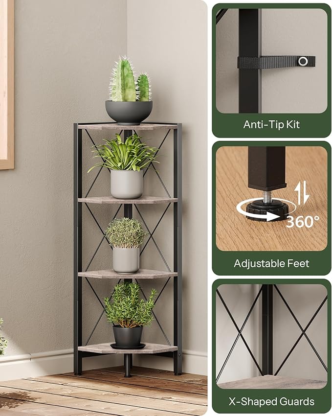 CHOEZON 4-Tier Corner Shelf, Corner Bookcase, 43.3" Tall Vertical Display Rack, Plant Stand, Open Storage Shelf, for Living Room, Bedroom, Study, Kitchen, Greige and Black TCJ14BG