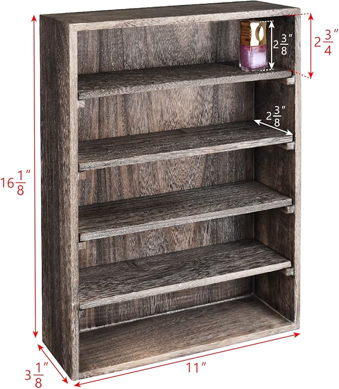 Ikee Design Wooden Wall-Mounted Display Shelves Rack for Collectibles-Figures,Shot Glasses,Spice Can,Cosmetics or Perfume-5 Adjustable Height Shelves,Space-Saving,Coffee Color