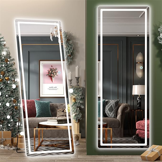 Hasipu Full Length Mirror with Lights, 65" x 22" LED Floor, Full Body Dressing Standing, Hanging Mounted Mirror, Round White