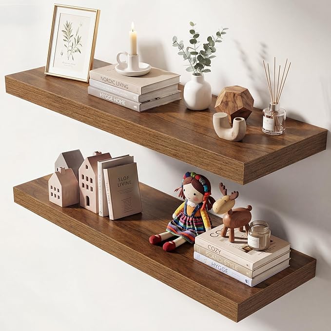 Dreamland 30 Inches Floating Shelves for Wall, 9.3" Deep Long Floating Shelves Set of 2, Large Display & Storage Shelf, Wall Shelf for Bathroom Bedroom Living Room Kitchen Office, Walnut