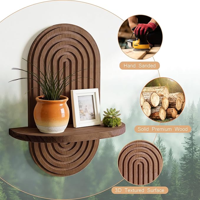 Heiple Set of 2 Boho Arched Floating Shelves 15.7”x 7.8”3D Wooden Hanging Shelf for Living Room Bedroom Nursery Mid Century Modern Wall Decor(Dark Brown, 11.7 * 15.7)