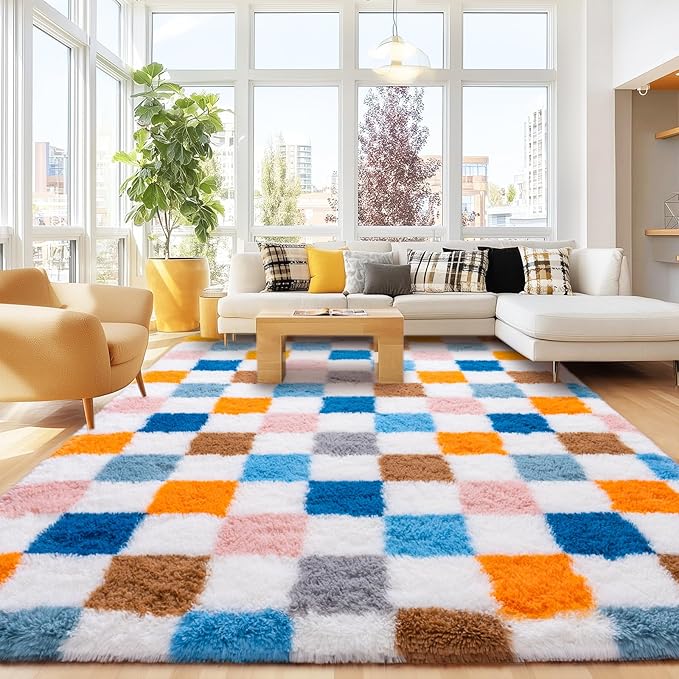 Checkered 8x10 Area Rugs for Living Room, Ultra Soft Fluffy Large Shaggy Rug Carpet for Bedroom, Non-Slip Fuzzy Plush Rugs for Nursery Boys Girls Kids Room Modern Indoor Home Decor, Colorful