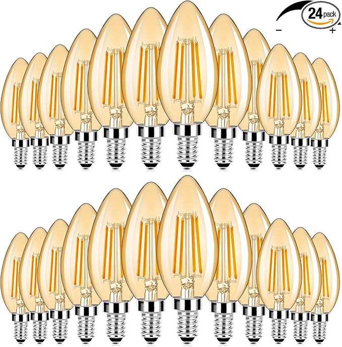 24-Pack Dimmable E12 LED Candelabra Bulbs 60W Equivalent, 2200K Soft Warm White, 600 Lumens B11 Candle Base 6W C35 LED Filament Vintage Light Bulbs, Amber Glass for Chandelier Ceiling Fan High CRI 90+