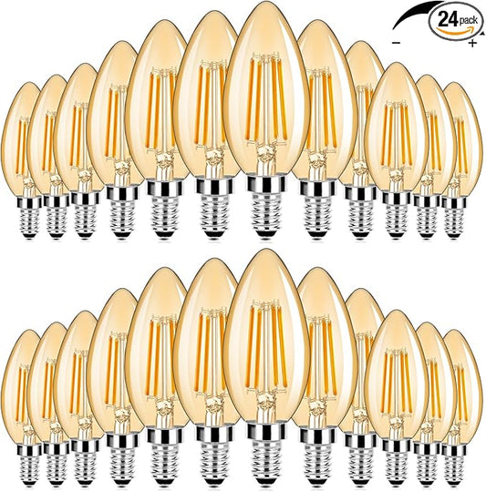 24-Pack Dimmable E12 LED Candelabra Bulbs 60W Equivalent, 2200K Soft Warm White, 600 Lumens B11 Candle Base 6W C35 LED Filament Vintage Light Bulbs, Amber Glass for Chandelier Ceiling Fan High CRI 90+