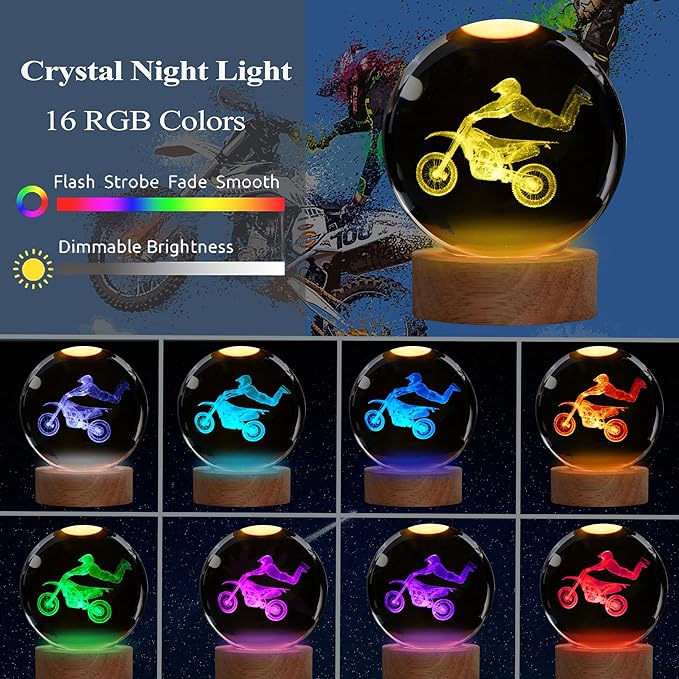 Dirt Bike Night Light, Dirt Bike Gifts, 3D Crystal Ball Dirt Bike Lamp with Remote Upgraded 3.15 Inch with 16 Color for Birthday Xmas Cool Figurines Motor Bike Gifts for Room Decor Boys Girls