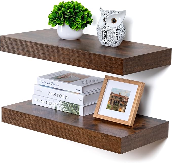 FLYJOE Deep Floating Shelves | 24 Inch Brown Floating Shelves Set of 2 | 12 Inch Deep Rustic Wood Shelves for Wall | 24" W x 12" D Brown Shelves for Living Room Bathroom Laundry Room Kitchen