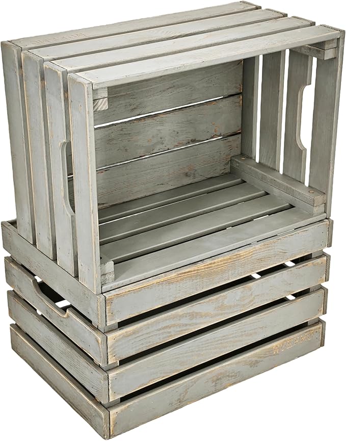 Gray Wooden Crates are Mainly Suitable for Storage, Tool Crate, Wine Crate, Camping, and Other Multi-Purpose. Rustic Style, They are Sturdy and Durable, set of 2 Length of 17.7 inches.