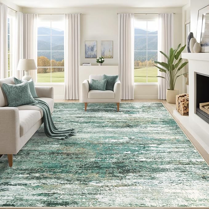 XLUEZ 8x10 Area Rugs for Living Room, Washable Modern Abstract Large Area Rug Neutral Soft Non Slip Kids Rug Stain Resistant Indoor Carpet for Bedroom Nursery Dining Room Playroom(Green, 8'x10')