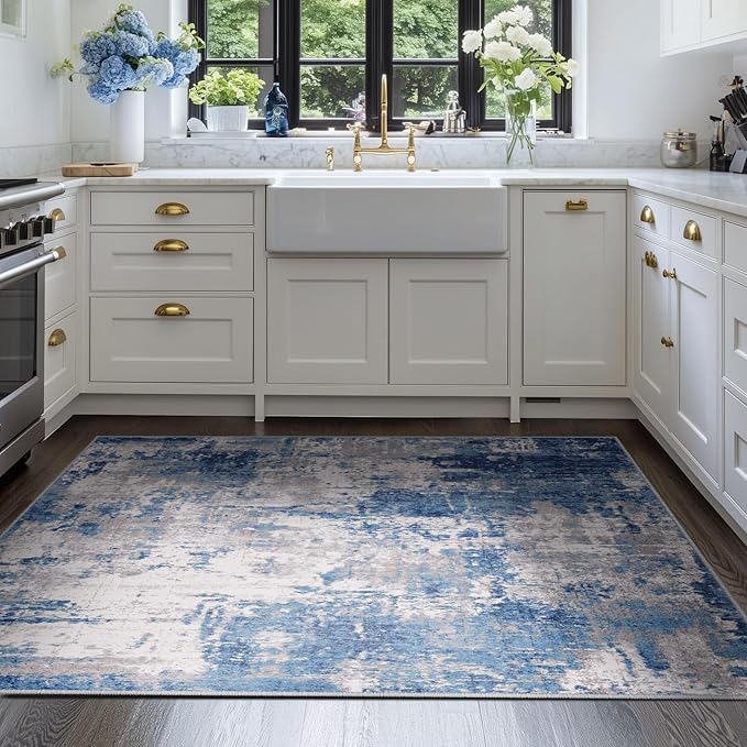 RELEANY Washable Area Rugs 4'x6' Non-Slip Modern Abstract Soft for Living Room Entryway Bedroom Nursery, Print Pattern, Blue Grey Navy Gray
