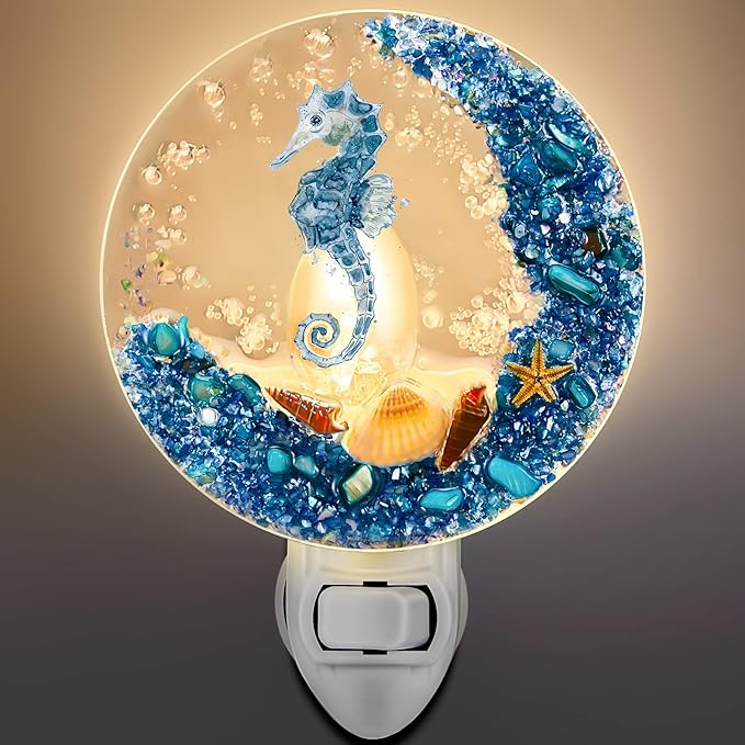 Hortsun Plug in Seashell Night Light Ocean Sea Animal Decorative Night Light Plug in Beach Lamps Vintage Ocean Lamps for Adult for Home Bedroom Living Room Bathroom Wall(Sea Horse)