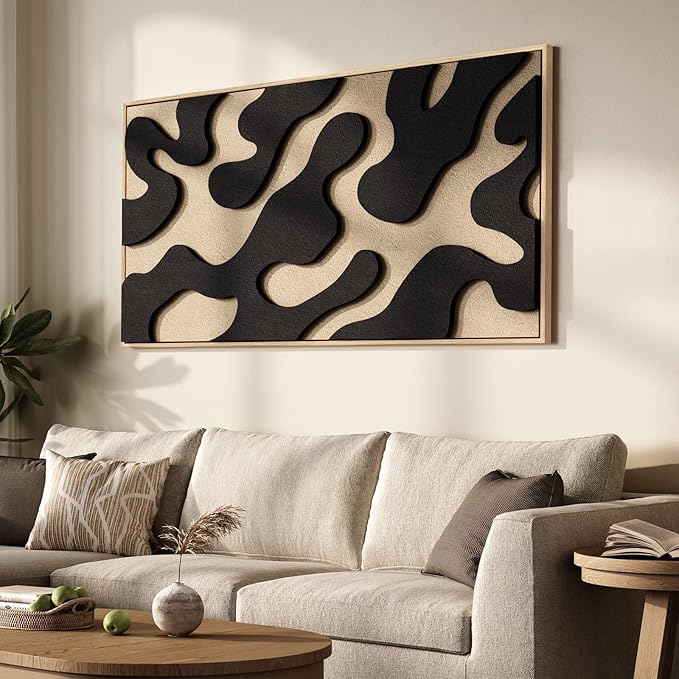 Large 3D Textured Framed Abstract Wall Art for Living Room, Horizontal Modern Paintings Artwork for Walls, Minimalist Neutral Black and Beige Pictures for Bedroom Hallway Office Wall Decor 30x60 In