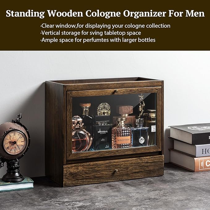 Emfogo Cologne Organizer for Men, Solid Wood Perfumes Organizer for Men Dresser, Large Capacity Dustproof Cologne Holder with Drawer Storage Perfume Stand Organizer, Ideal Gift for Loved ones