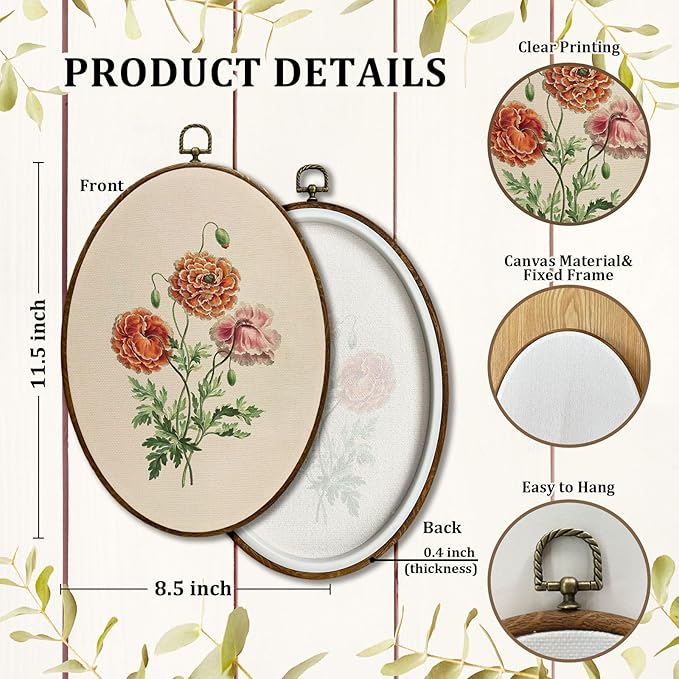 JQF Vintage Red Dwarf Double Poppy Floral Oval Wall Decor, Rustic Farmhouse Oval Canvas Wall Art, Neutral Antique Flower Framed Prints Hanging Decor for Home Bedroom Living Room, 8.5x11.5 Inch