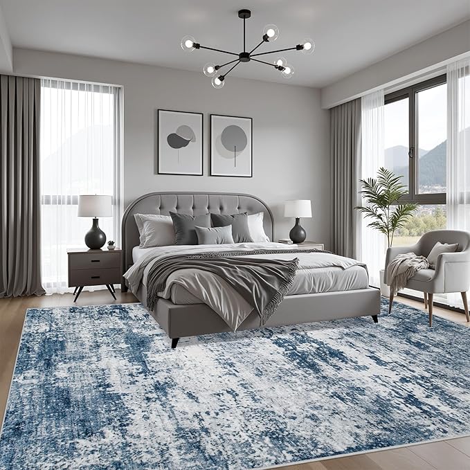 10x14 Area Rug Living Room Rug: Washable Modern Abstract Soft Thin Rug Indoor Floor No Slip Stain Resistant Carpet for Bedroom Dining Room Farmhouse Nursery Home Office - Blue