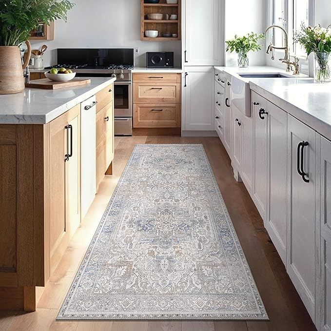 GENIMO 2x10 Runner Rugs for Hallway, Machine Washable Non Slip Vintage Retro Rugs, Low Pile Lightweight Thin Print Carpet for enrtyway, Corridor, Home Office, Kitchen, Khaki Blue