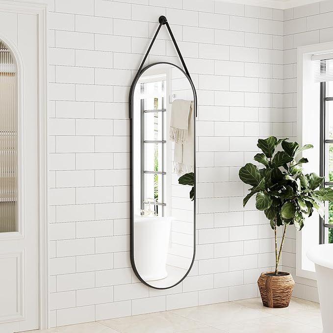Full Length Mirror, Oval Wall Mounted Mirror, 48"x16" Door Mirrors Full Length with Hanging Leather Strap with Aluminum Frame for Bathroom Living Room Entryway (Black)