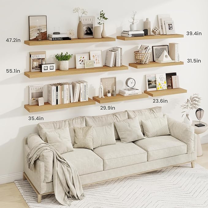 Fun Memories 24 Inch Floating Shelves, 9.3 Inch Deep Rustic Wall Shelves - Extra Deeper Wall Mounted Storage Shelves for Bathroom, Kitchen, Living Room (Oak, Set of 2)