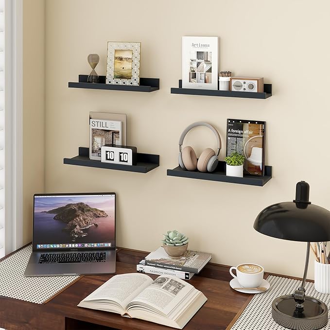 Axeman Picture Ledge Shelf | 16 Inch Black Floating Shelves Set of 4 | Rustic Wood Wall Shelves with Lip | 16" Picture Shelves for Wall with Ledge | Black Photo Shelves