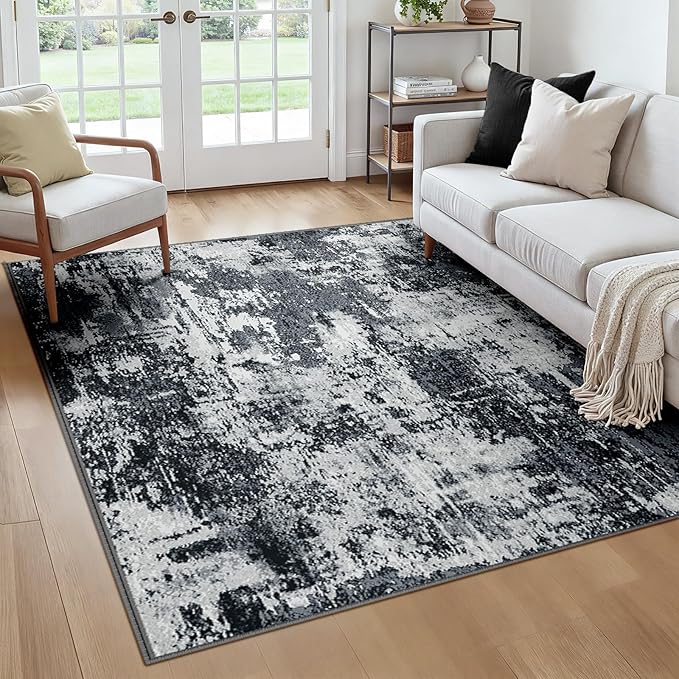 RELEANY Washable Area Rugs Square 6ft Non-Slip Modern Abstract Soft for Living Room Entryway Bedroom Nursery, Print Pattern, Black Navy Blue Gray