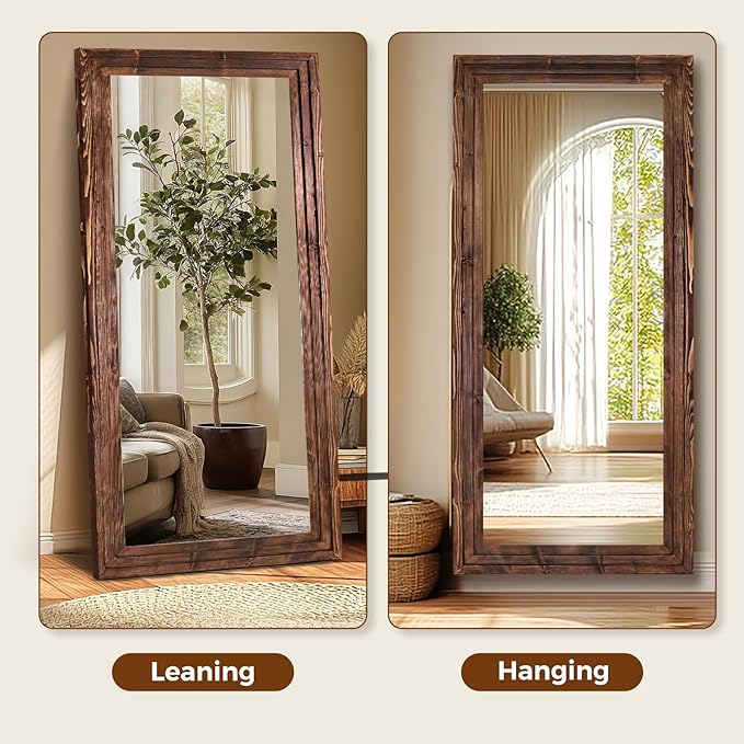 Full Length Wood Mirror 76x34 - Rustic Solid Wood Floor Mirror with Triple Layer Frame, HD Tempered Glass, Wall Mounted or Leaning Standing Mirror Vintage Brown Mirror for Bedroom Bathroom Living Room