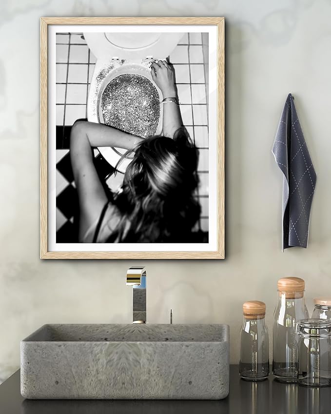 EcoHest Trendy After the Disco Party Framed Wall Art, Large 16x20 in OAK Wood Black and White Funny Bathroom Canvas Art, Teen Girl Poster College Dorm Decor, Set of 1 for Bedroom Living Room