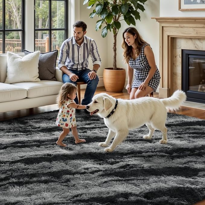 FinRèc 8x10 Rugs for Living Room Bedroom, Tie dye Striped Black Fluffy Shaggy Area Rug, Non-Slip Soft Shag Rug for Nursery Kids Room Dorm Room Home Decor, Indoor Plush Floor Carpet