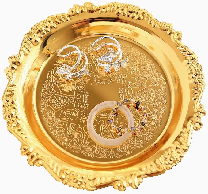 Round Storage Tray Necklace Tray Jewelry Holder Organizer Dessert Plate Fruit DishRing Dish Organizer Holder Home Decor Wedding Gift for Perfume Candle Holiday Party (Golden, Mini)