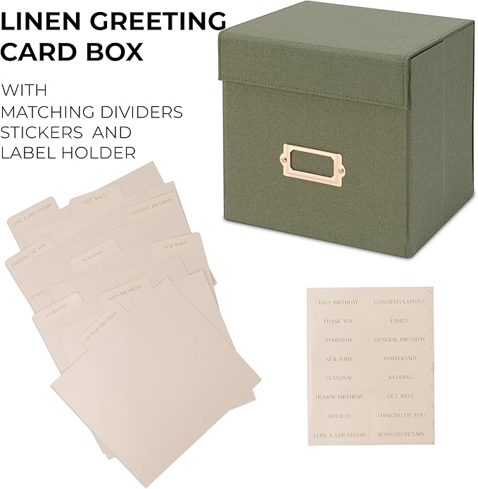 ZICOTO Beautiful Greeting Card Organizer Box With Dividers - Sturdy Linen Storage Box Easily Organizes All Your Greeting Cards in Style - Cute Card Holder Safely Stores Up to 300 Small Or Large Cards