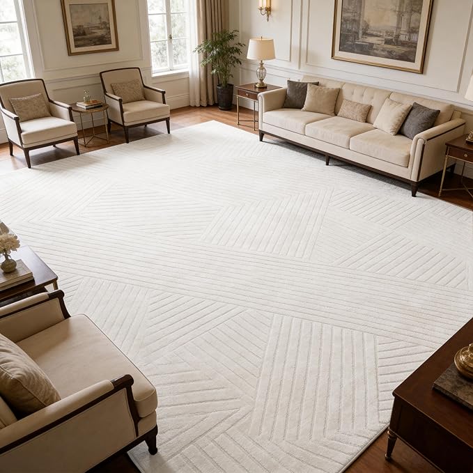 5x7 Solid Color Area Rugs, Washable Beige Modern Geometric Living Room Rug, Durable Non-Slip Soft High-Low Pile Carpet, Fluffy Floor Rugs for Bedroom, Kids Room, Nursery, Home Décor