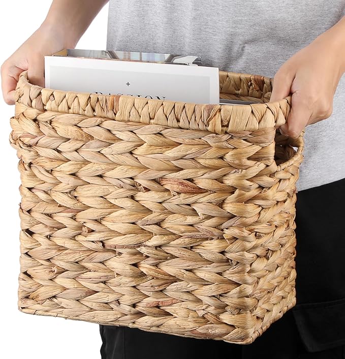 BTSKY Woven Magazine Holder, Water Hyacinth Magazine Basket, Natural Narrow Storage Basket Bin for Books & Files, Magazine Rack with Built-in-Handle for Home, Office & Desk - 11.4x5.9x10.6 Inch