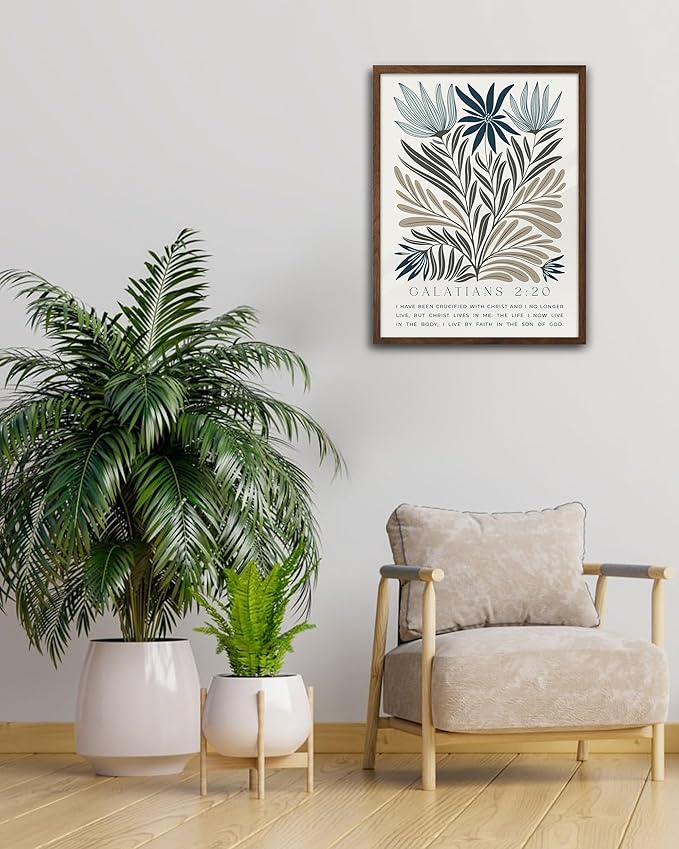 EcoHest Christian Bible Verse Floral Framed Wall Art, 12x16 in Walnut Color OAK Wood Boho Abstract Flowers Canvas Wall Art, Galatians 2:20 Home Decor, Beige Logs Christ 1pack for Bedroom Living Room