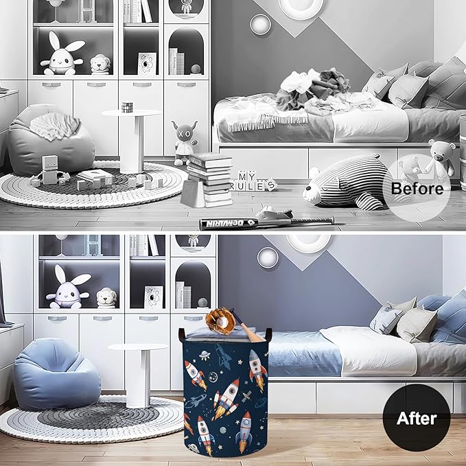 Clastyle Cosmic Space Kids Book Storage Basket Planet Clothes Laundry Basket Parents Gift Toy Box for Bedroom Shower, Rocket, 36x45 cm
