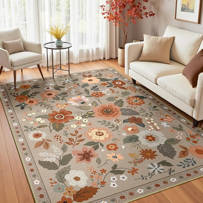RELEANY Floral Nursery 3x5 Area Rugs Washable Print Boho Cute Carpet Non Slip Flower Low Pile for Living Room Kids Girls Playroom Bedroom Kitchen Office Farmhouse-Brown/Brick