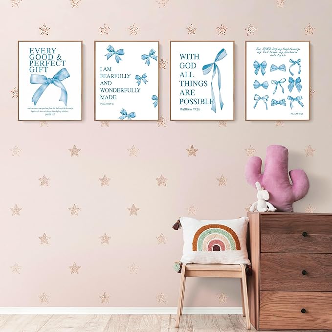 LARTSFRO Coquette Blue Bow Bible Wall Art Decor Poster, Blue Bow Bathroom Decor, Aesthetic Teen Girl Living Room Bathroom Decor, Trendy Gifts for Women Teens Teen Girls, 10x8 Inch Set of 4 Unframed