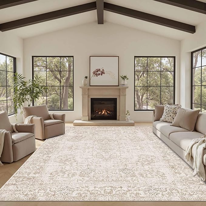 Rugxara 8x10 Area Rugs,Large Rugs for Living Room,Washable Neutral Rug, Vintage Boho Rugs for Office, Kids Room, Farmhouse, Durable Low Pile Non Slip Carpet for High Traffic Areas, Light Bown