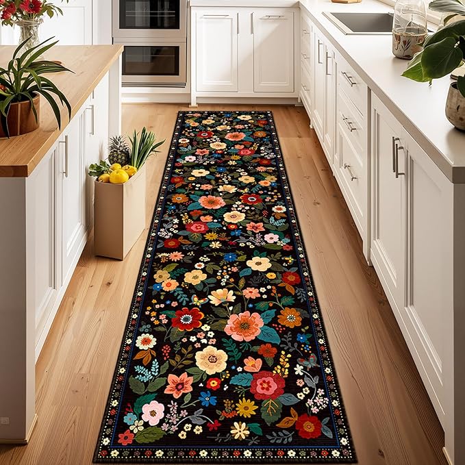 RELEANY Floral Nursery 2x8 Area Rugs Washable Print Boho Cute Carpet Non Slip Flower Low Pile for Living Room Kids Girls Playroom Bedroom Kitchen Office Farmhouse-Black