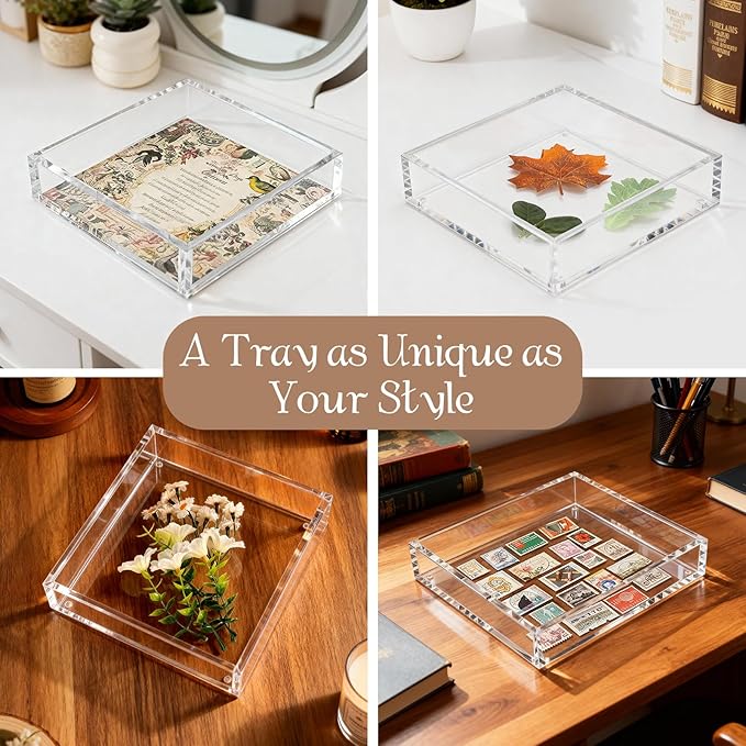 Acrylic Tray with Magnetic Mat-7.9×7.9 Customizable Decorative Serving Tray, Display Organizer for Vanity, Jewelry, Makeup Organizer, Room Decor Aesthetic- Modern Picture Frame, Gift for Women