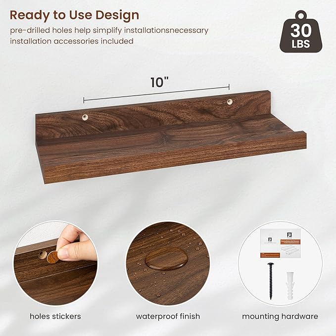 Axeman Picture Ledge Shelf | 16 Inch Walnut Floating Shelves Set of 4 | Rustic Wood Wall Shelves with Lip | 16" Picture Shelves for Wall with Ledge | Walnut Photo Shelves