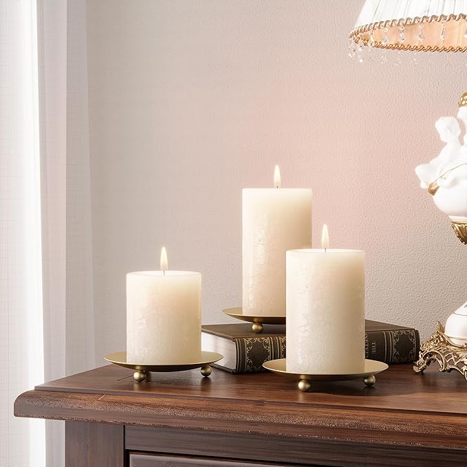 Gold Candle Holders for Pillar Candles, Set of 2 Premium Metal Candle Plates Candle Stand for LED or Wax Candles, Decorative Pillar Candle Holder Dish for Table Centerpiece
