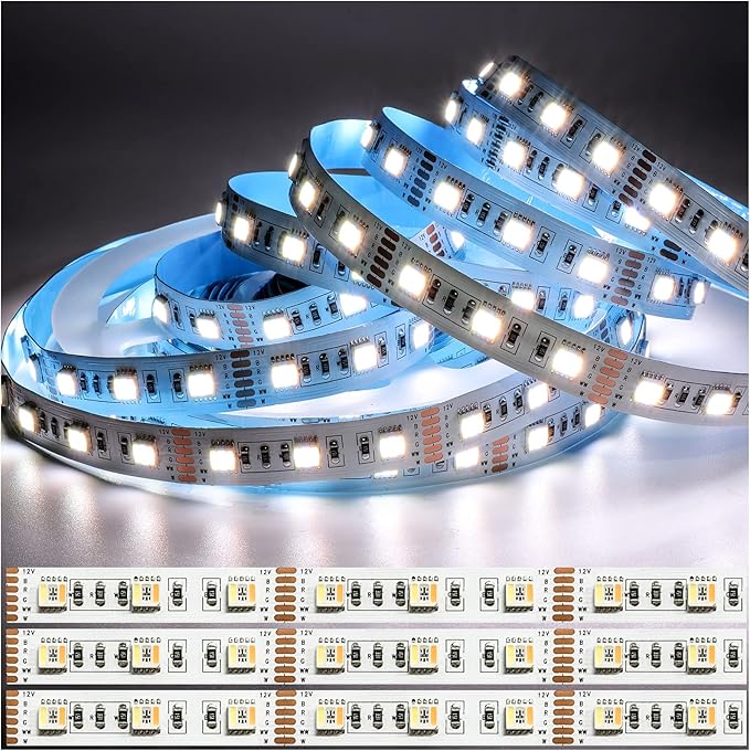 12V 5 in 1 LED Strip Lights RGB + CCT, RGB + White + Warm White (2800K to 6500K) RGBCW 5M Mixed Colour Adjustable Light Strips IP20 300 LEDs for Bedroom, Kitchen, Advertising Decoration
