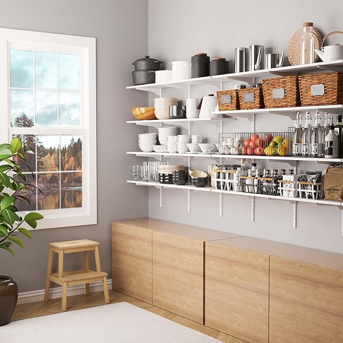 Wallniture Turin 48"x10" Floating Shelves for Wall Storage, Closet Storage Shelves, Book Shelf with Adjustable Standard Rail Bracket System for Pantry & Laundry, White, Wood