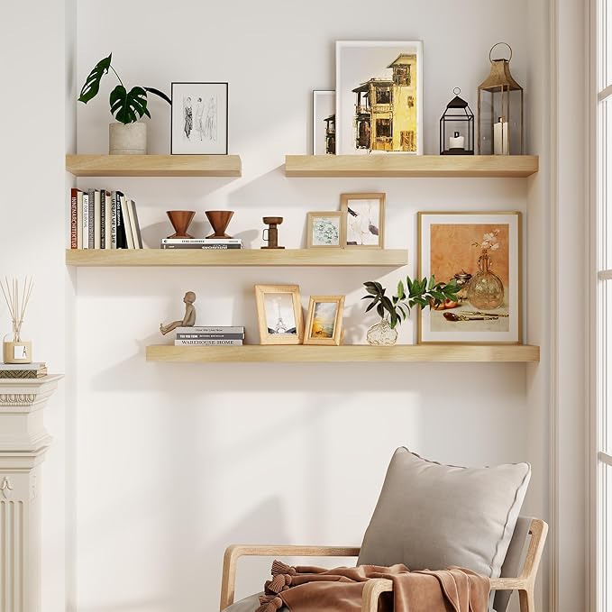 Solid Wood Floating Shelves For Wall, 36”W x 9”D x 1.56”H Large Wall Shelves for Living Room Bedroom Bathroom Kitchen Drcor Storage with Invisible Heavy-Duty Metal Bracket, Natural, Set of 2