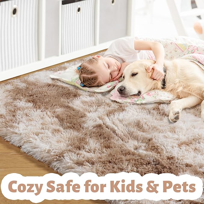 Amdrebio Tie-Dyed Beige Tan Area Rugs for Bedroom Kids Room, 5x7 Cute Fluffy Plush Shaggy Rug for Living Room Decor Aesthetic, Soft Furry Fuzzy Neutral Carpet for Baby Nursery Playroom Preppy Dorm