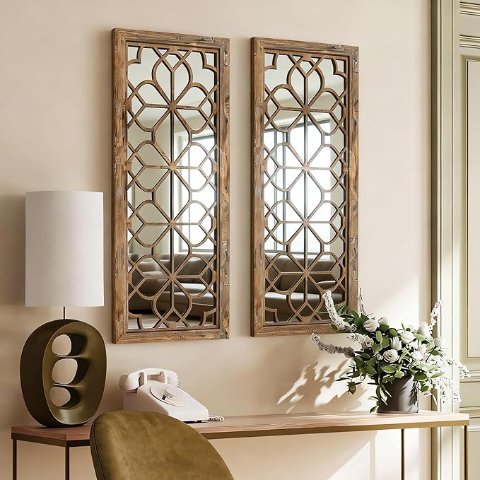 Set of 2 13x30 Inch Large Redbrown Shatterproof Carved Floral Wood Frame Wall Mirrors, Boho Farmhouse Rustic Accent Mirrors for Living Room Bedroom Bathroom & Home Decor